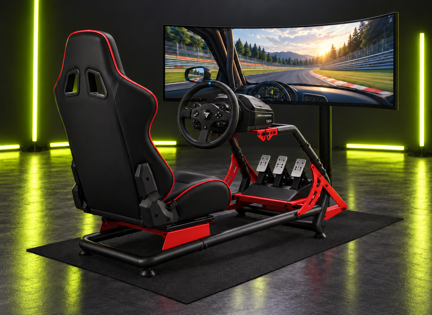Illustration de la configuration fixe : cockpit Oplite GT3, écran ultrawide et ensemble volant-pédalier T300RS